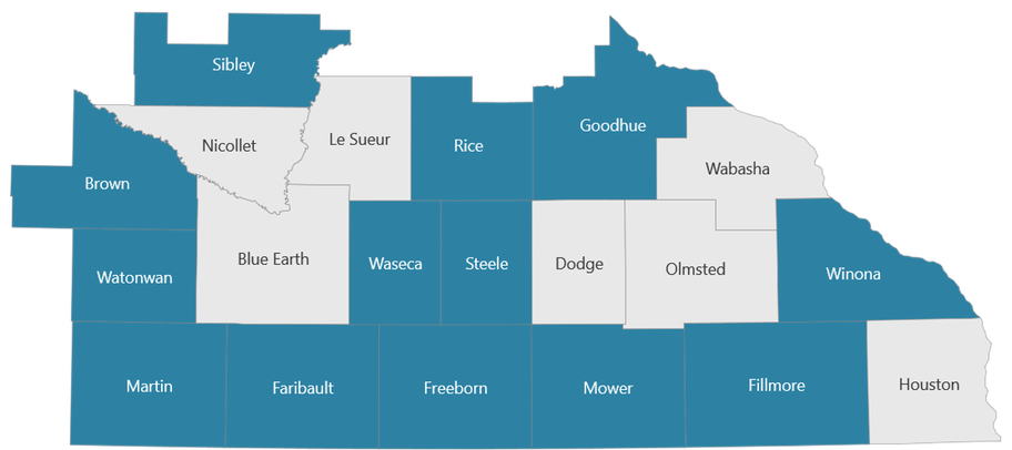 Map of counties in the River Valleys CoC region, with the counties eligible for the rural initiative highlighted in blue (Brown, Faribault, Fillmore, Freeborn, Goodhue, Martin, Mower, Rice, Sibley, Steele, Waseca, Watonwan, and Winona counties).